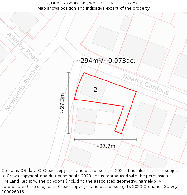 2, BEATTY GARDENS, WATERLOOVILLE, PO7 5GB: Plot and title map