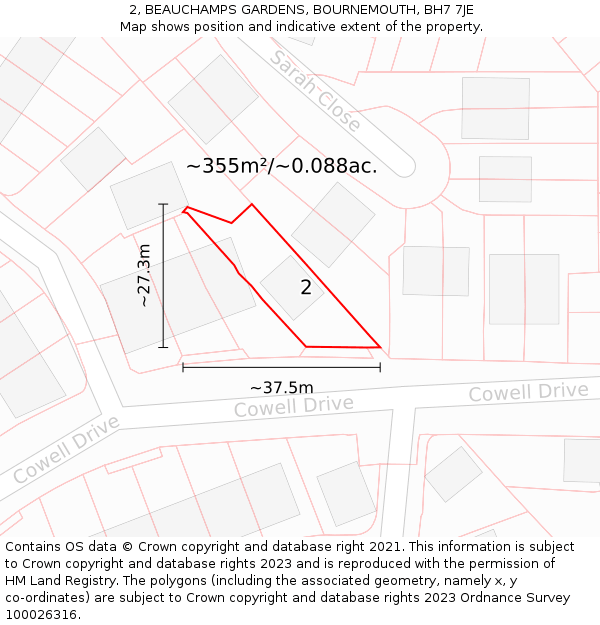 2, BEAUCHAMPS GARDENS, BOURNEMOUTH, BH7 7JE: Plot and title map