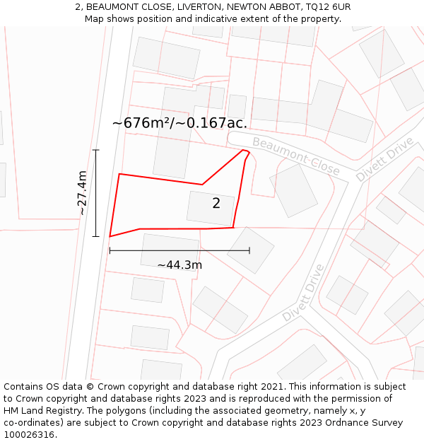 2, BEAUMONT CLOSE, LIVERTON, NEWTON ABBOT, TQ12 6UR: Plot and title map