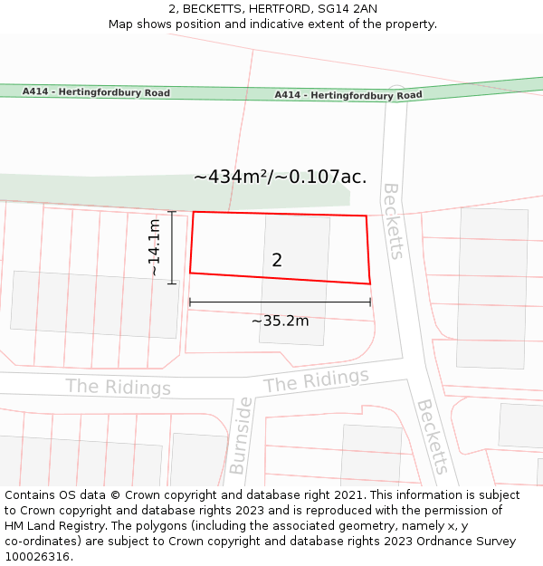 2, BECKETTS, HERTFORD, SG14 2AN: Plot and title map