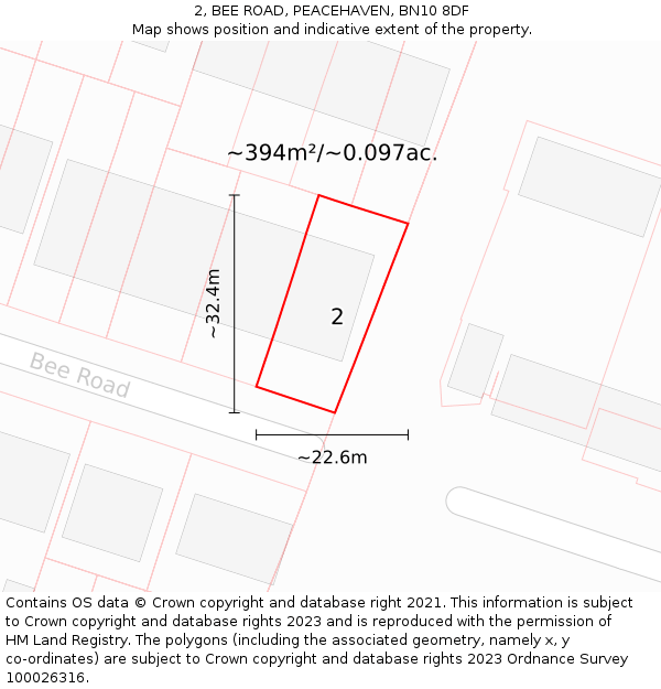 2, BEE ROAD, PEACEHAVEN, BN10 8DF: Plot and title map