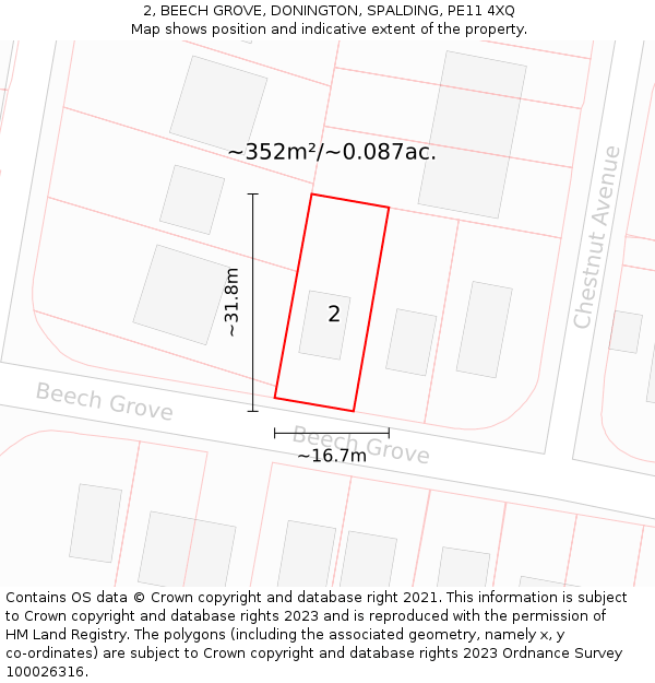 2, BEECH GROVE, DONINGTON, SPALDING, PE11 4XQ: Plot and title map