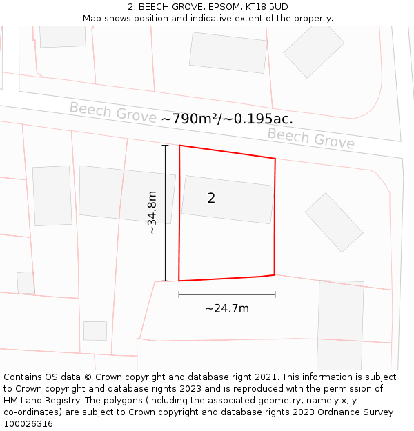 2, BEECH GROVE, EPSOM, KT18 5UD: Plot and title map