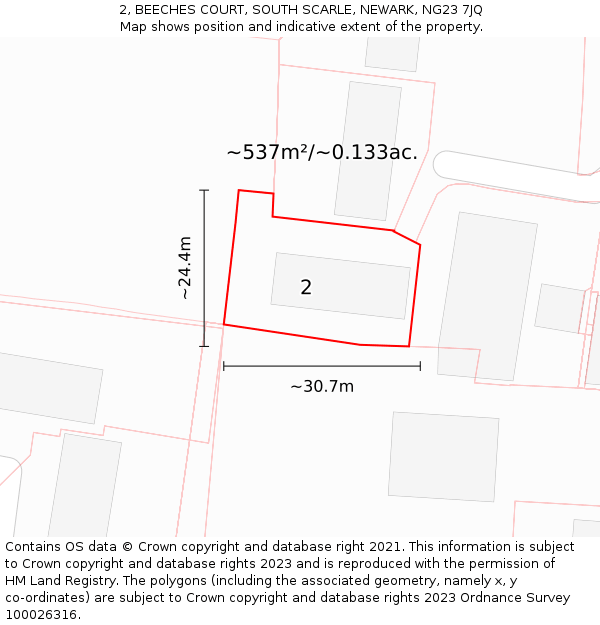 2, BEECHES COURT, SOUTH SCARLE, NEWARK, NG23 7JQ: Plot and title map