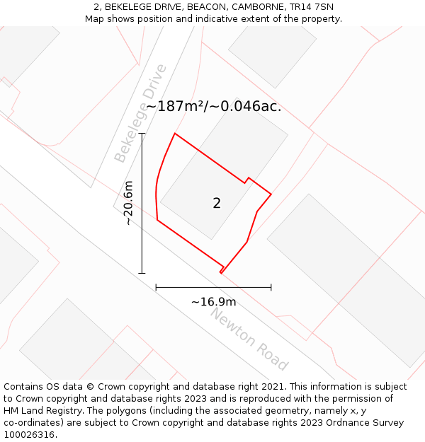 2, BEKELEGE DRIVE, BEACON, CAMBORNE, TR14 7SN: Plot and title map