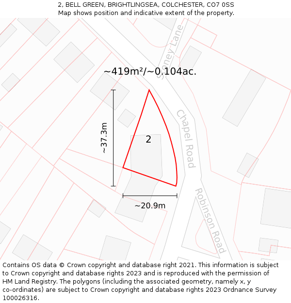 2, BELL GREEN, BRIGHTLINGSEA, COLCHESTER, CO7 0SS: Plot and title map