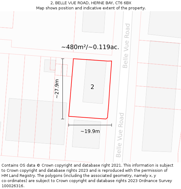 2, BELLE VUE ROAD, HERNE BAY, CT6 6BX: Plot and title map