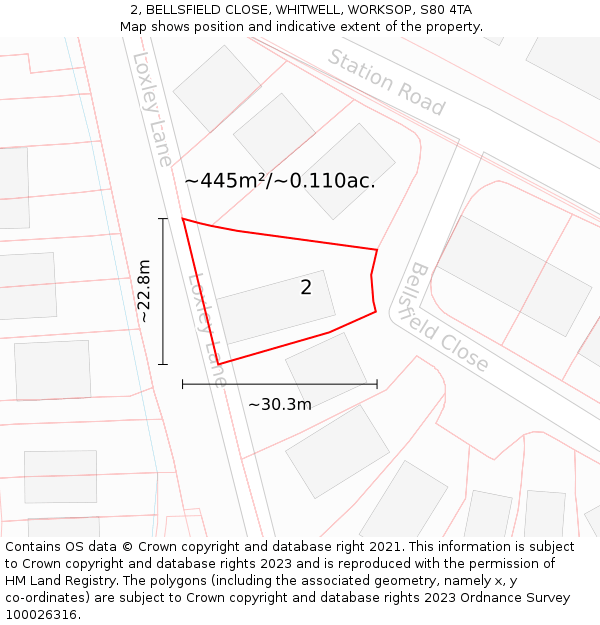 2, BELLSFIELD CLOSE, WHITWELL, WORKSOP, S80 4TA: Plot and title map