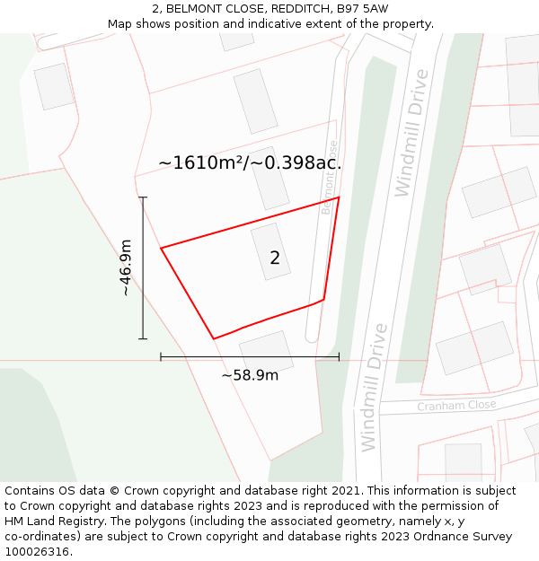 2, BELMONT CLOSE, REDDITCH, B97 5AW: Plot and title map