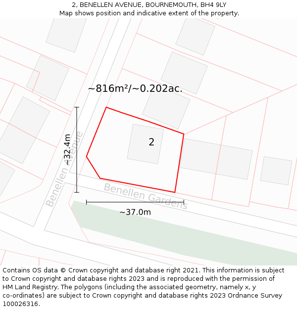 2, BENELLEN AVENUE, BOURNEMOUTH, BH4 9LY: Plot and title map