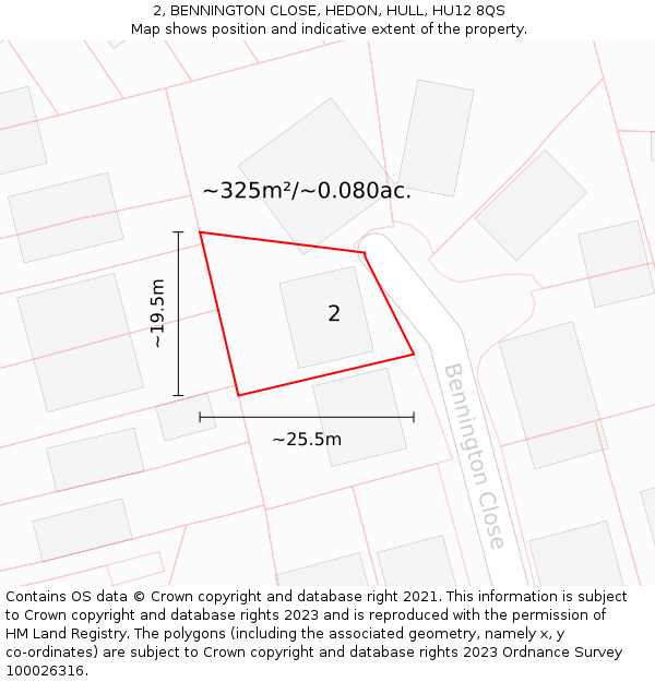 2, BENNINGTON CLOSE, HEDON, HULL, HU12 8QS: Plot and title map