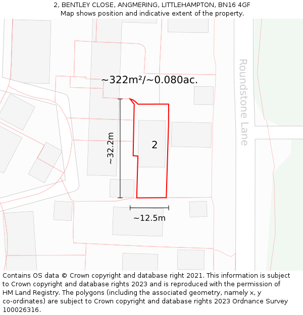 2, BENTLEY CLOSE, ANGMERING, LITTLEHAMPTON, BN16 4GF: Plot and title map