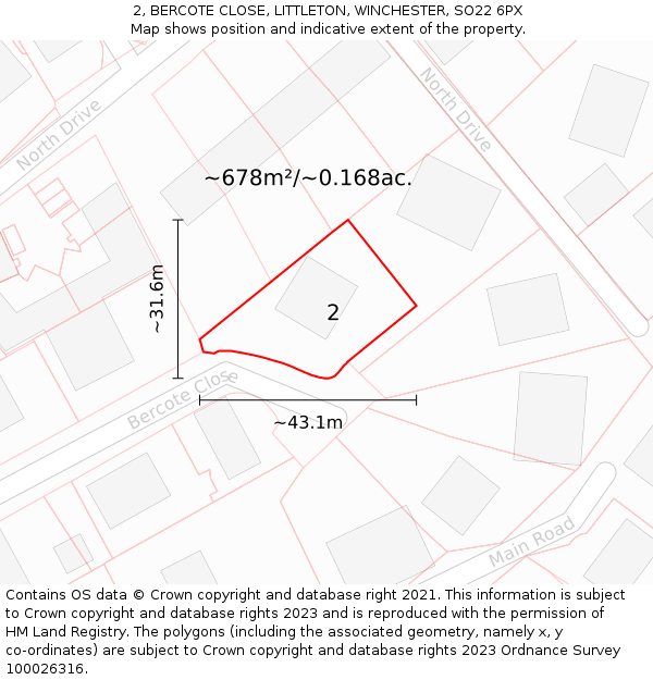 2, BERCOTE CLOSE, LITTLETON, WINCHESTER, SO22 6PX: Plot and title map