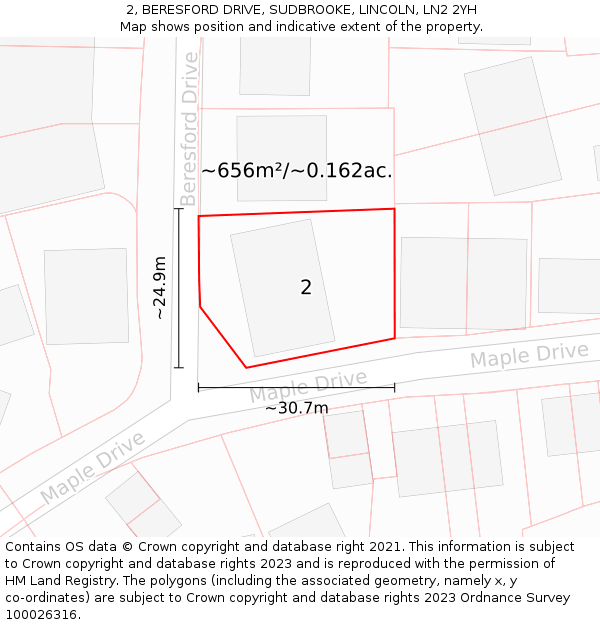 2, BERESFORD DRIVE, SUDBROOKE, LINCOLN, LN2 2YH: Plot and title map