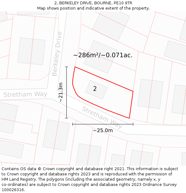 2, BERKELEY DRIVE, BOURNE, PE10 9TR: Plot and title map