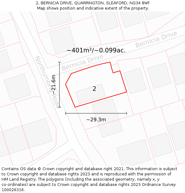 2, BERNICIA DRIVE, QUARRINGTON, SLEAFORD, NG34 8WF: Plot and title map