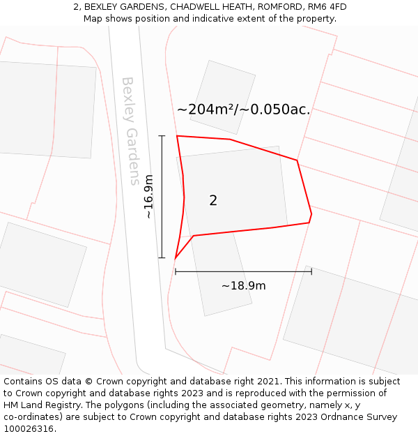 2, BEXLEY GARDENS, CHADWELL HEATH, ROMFORD, RM6 4FD: Plot and title map