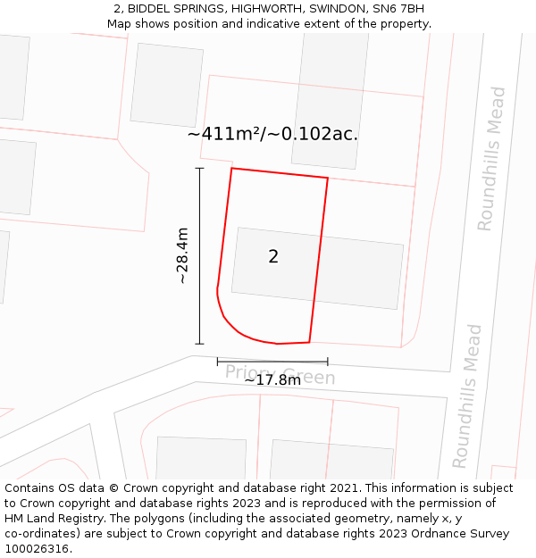 2, BIDDEL SPRINGS, HIGHWORTH, SWINDON, SN6 7BH: Plot and title map