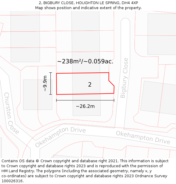 2, BIGBURY CLOSE, HOUGHTON LE SPRING, DH4 4XP: Plot and title map