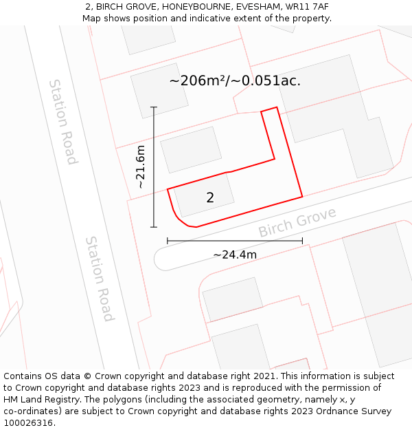 2, BIRCH GROVE, HONEYBOURNE, EVESHAM, WR11 7AF: Plot and title map