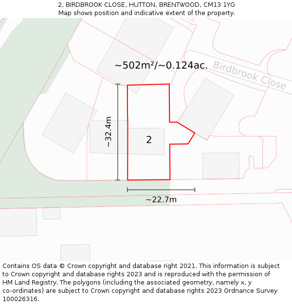 2, BIRDBROOK CLOSE, HUTTON, BRENTWOOD, CM13 1YG: Plot and title map