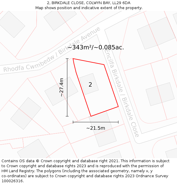 2, BIRKDALE CLOSE, COLWYN BAY, LL29 6DA: Plot and title map