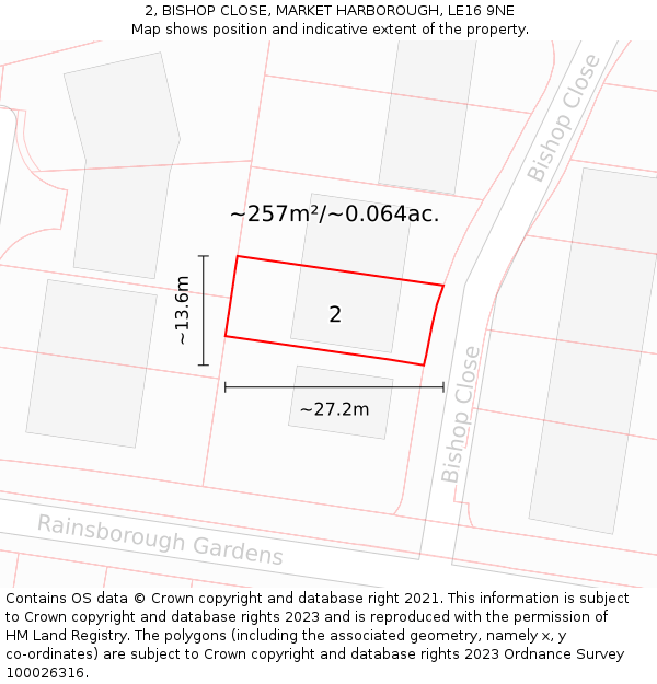 2, BISHOP CLOSE, MARKET HARBOROUGH, LE16 9NE: Plot and title map