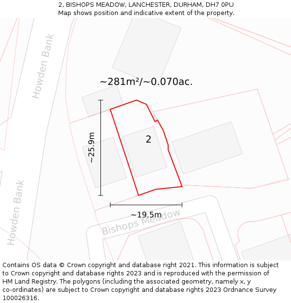 2, BISHOPS MEADOW, LANCHESTER, DURHAM, DH7 0PU: Plot and title map