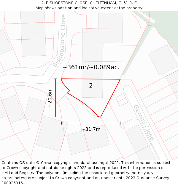 2, BISHOPSTONE CLOSE, CHELTENHAM, GL51 0UD: Plot and title map