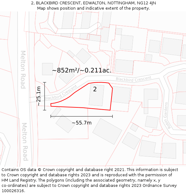 2, BLACKBIRD CRESCENT, EDWALTON, NOTTINGHAM, NG12 4JN: Plot and title map