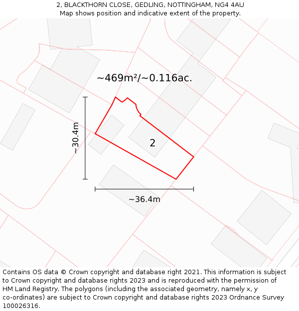 2, BLACKTHORN CLOSE, GEDLING, NOTTINGHAM, NG4 4AU: Plot and title map