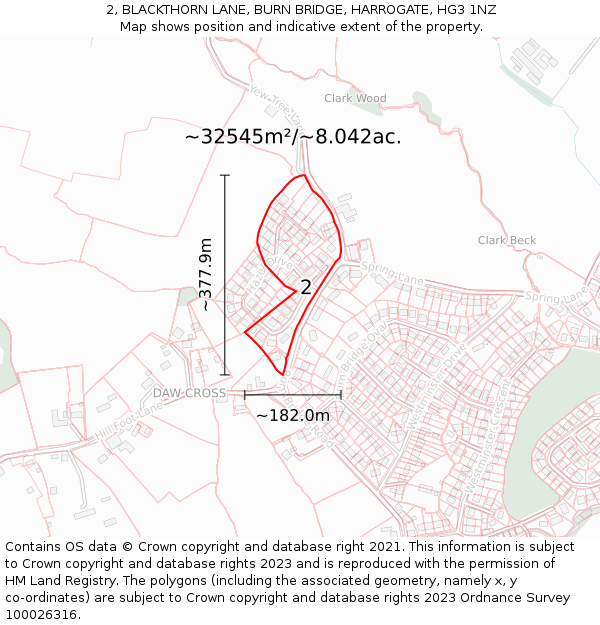 2, BLACKTHORN LANE, BURN BRIDGE, HARROGATE, HG3 1NZ: Plot and title map