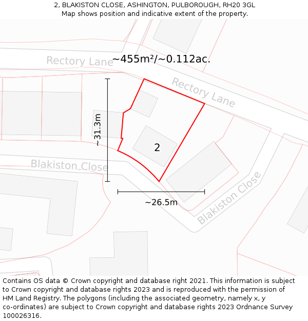 2, BLAKISTON CLOSE, ASHINGTON, PULBOROUGH, RH20 3GL: Plot and title map