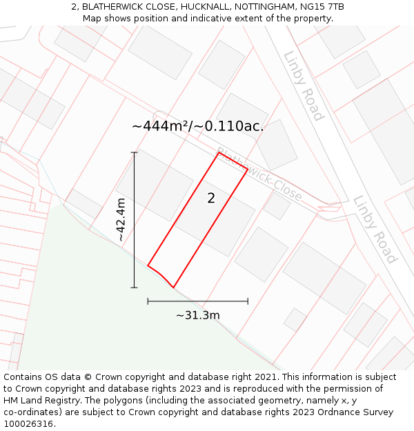 2, BLATHERWICK CLOSE, HUCKNALL, NOTTINGHAM, NG15 7TB: Plot and title map