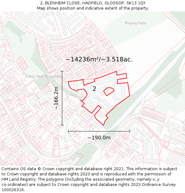 2, BLENHEIM CLOSE, HADFIELD, GLOSSOP, SK13 1QY: Plot and title map