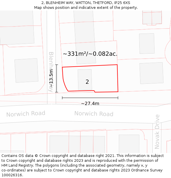 2, BLENHEIM WAY, WATTON, THETFORD, IP25 6XS: Plot and title map