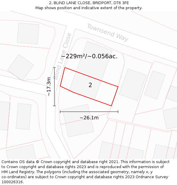 2, BLIND LANE CLOSE, BRIDPORT, DT6 3FE: Plot and title map