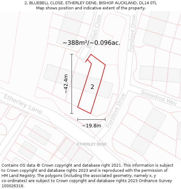 2, BLUEBELL CLOSE, ETHERLEY DENE, BISHOP AUCKLAND, DL14 0TL: Plot and title map