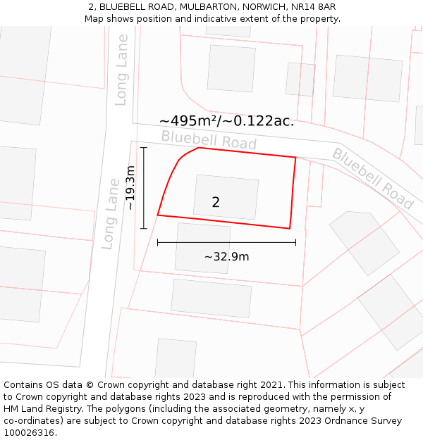 2, BLUEBELL ROAD, MULBARTON, NORWICH, NR14 8AR: Plot and title map