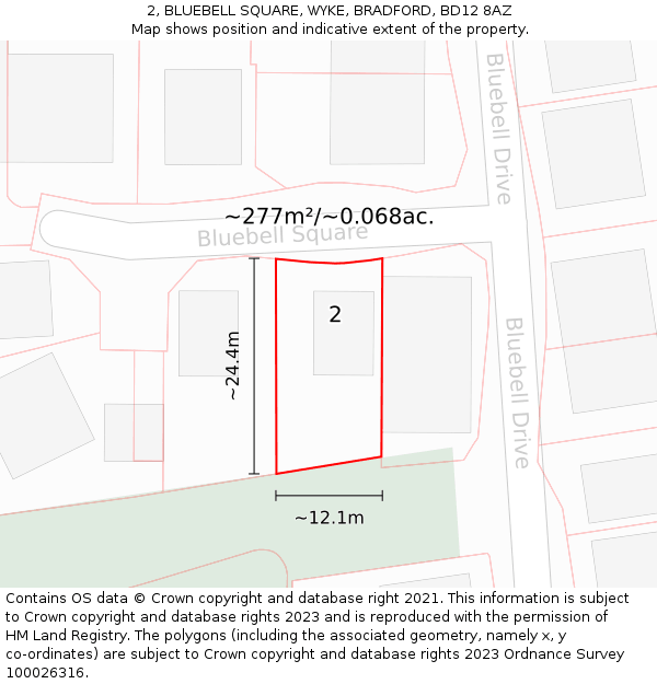 2, BLUEBELL SQUARE, WYKE, BRADFORD, BD12 8AZ: Plot and title map