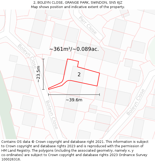 2, BOLEYN CLOSE, GRANGE PARK, SWINDON, SN5 6JZ: Plot and title map