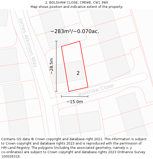 2, BOLSHAW CLOSE, CREWE, CW1 3WX: Plot and title map