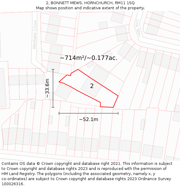 2, BONNETT MEWS, HORNCHURCH, RM11 1SQ: Plot and title map