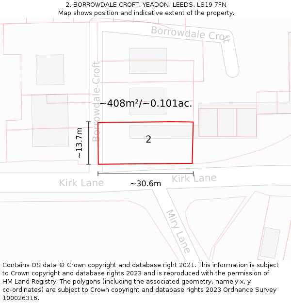 2, BORROWDALE CROFT, YEADON, LEEDS, LS19 7FN: Plot and title map
