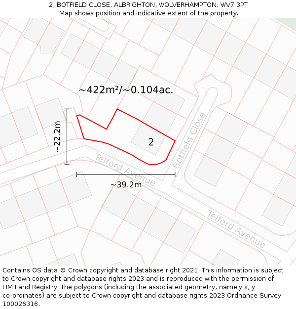 2, BOTFIELD CLOSE, ALBRIGHTON, WOLVERHAMPTON, WV7 3PT: Plot and title map