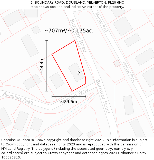 2, BOUNDARY ROAD, DOUSLAND, YELVERTON, PL20 6NQ: Plot and title map