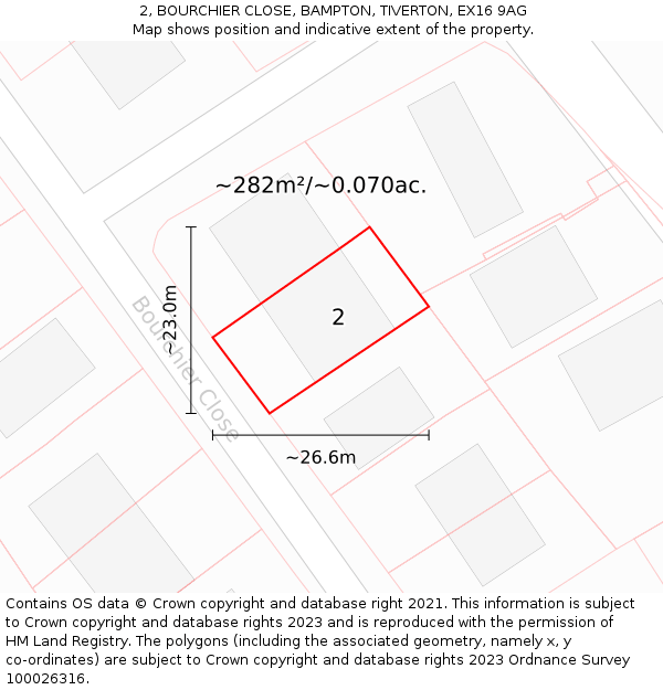 2, BOURCHIER CLOSE, BAMPTON, TIVERTON, EX16 9AG: Plot and title map