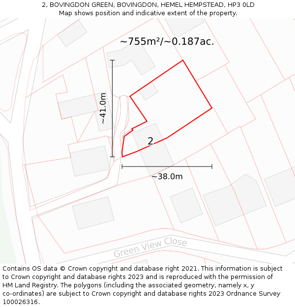 2, BOVINGDON GREEN, BOVINGDON, HEMEL HEMPSTEAD, HP3 0LD: Plot and title map