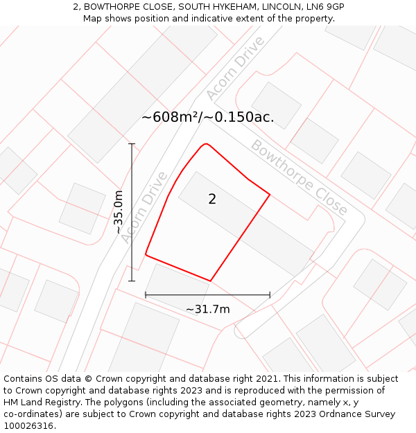 2, BOWTHORPE CLOSE, SOUTH HYKEHAM, LINCOLN, LN6 9GP: Plot and title map