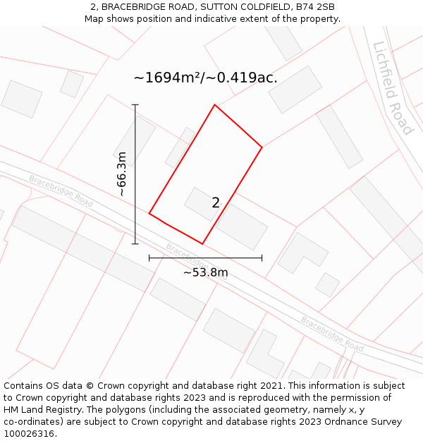 2, BRACEBRIDGE ROAD, SUTTON COLDFIELD, B74 2SB: Plot and title map